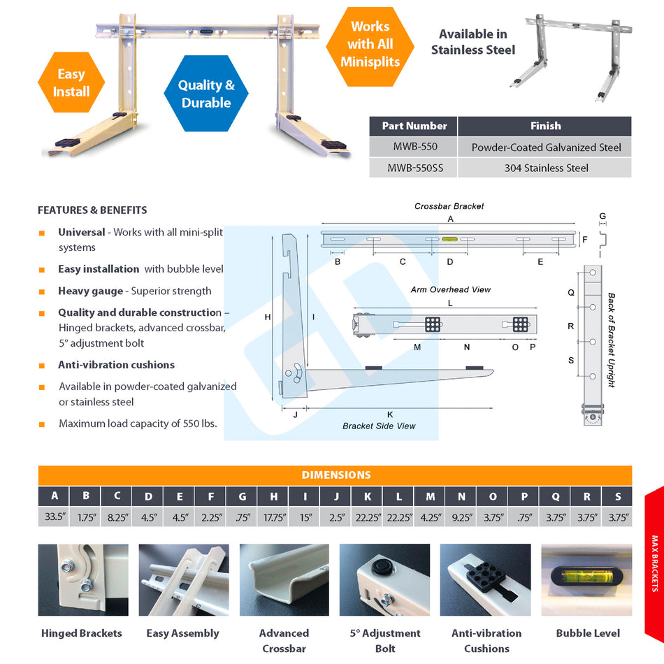 HMAX Ductless/Mini-Split Outdoor Unit Mounting Bracket MWB-550